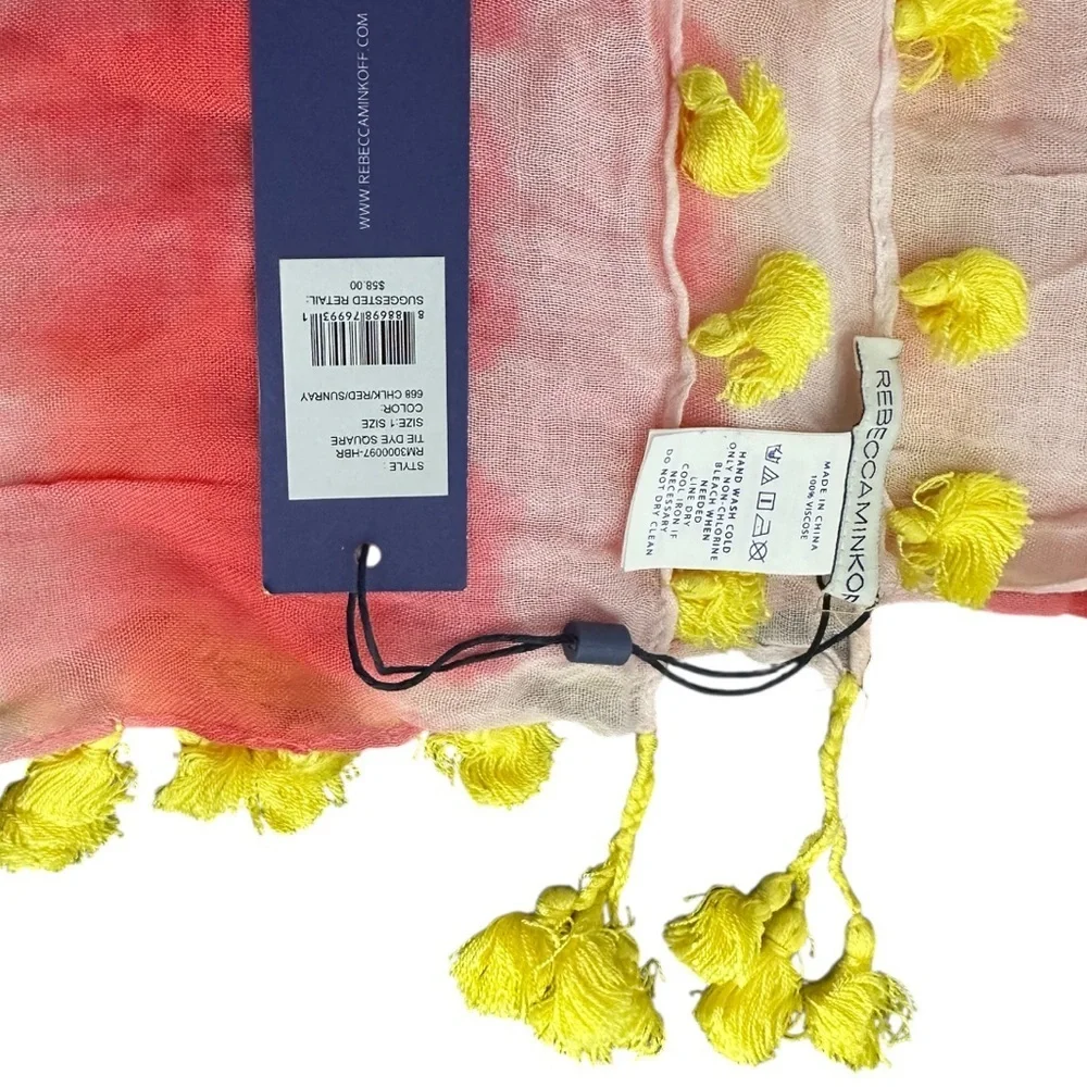 Rebecca Minkoff | Pink Yellow Tie-Dye Tassel Scarf | Lightweight Boho | One Size